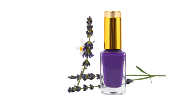 A colorful nail polish bottle adorned with a spa flower accent, perfect for beauty and wellness themes isolated on solid white background