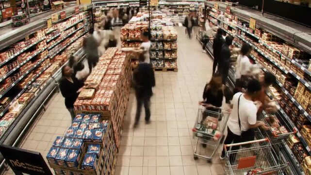 Dynamic Time-Lapse: Blurred Shoppers Navigating Bustling Supermarket Aisles.
