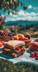 Picnic sandwich, fruits, vibrant colors