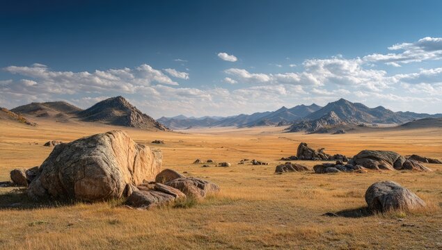Vast, sun-drenched steppe landscape.  Rocky outcrops dot a golden-brown plain, stretching to distant, mountainous horizon under a partly cloudy blue sky - Powered by Adobe