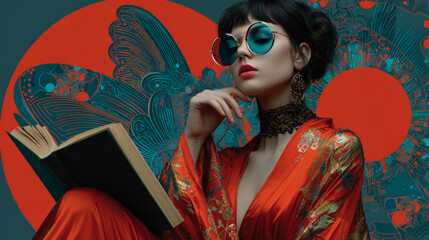 Vector illustration of girl or woman in glasses reading book. Drawing for fashion poster in pop art style