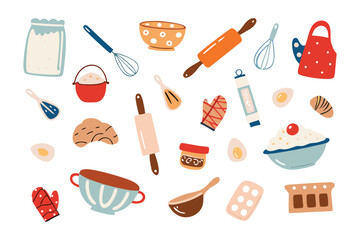 Baking Essentials Illustration: A cheerful assortment of essential baking tools, flour, and ingredients are artfully arranged, creating a delightful illustration for culinary and recipe content.