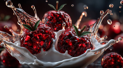 Red cranberry in milk splash or Yogurt 3d illustration