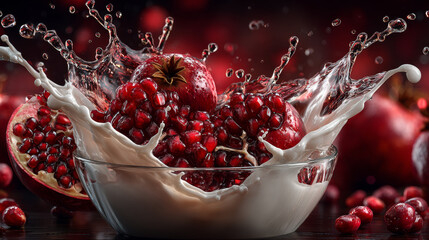 Red cranberry in milk splash or Yogurt 3d illustration