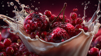 Red cranberry in milk splash or Yogurt 3d illustration