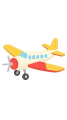 A cartoon airplane, yellow, white, and red, in flight