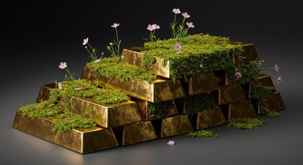 Gold Bars with Moss and Flowers Conceptual Wealth.