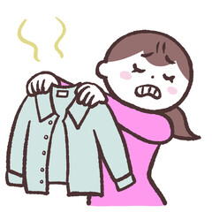 臭いシャツを広げる女性のイラスト