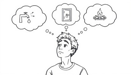 Line art of an anxious person with thought bubbles showing faucet, unlocked lock, and gas stove flame