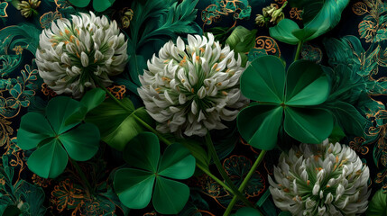 Green clover leaves seamless pattern for Patrick's day. Square tile with wood sorrel leaves. Natural eco print leaflet, vector graphics
