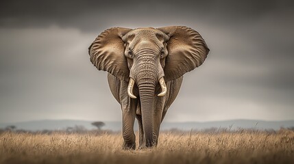 Fototapeta premium A large elephant with large ears and large tusks walks through the wild savanna