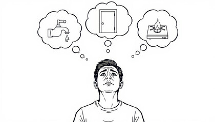 Line art of an anxious person with thought bubbles showing faucet, unlocked lock, and gas stove flame