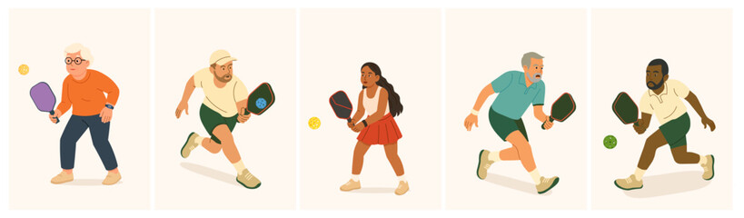 Hand-drawn set of diverse people playing pickleball with colorful paddles and balls
