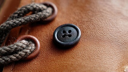 Close-up of a dark button on tan leather