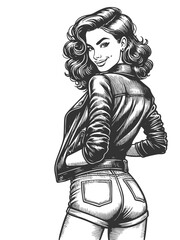 Naklejka na ściany i meble smiling woman in a leather jacket and denim shorts, looking back playfully sketch engraving generative ai fictional character vector illustration. Scratch board imitation. Black and white image.