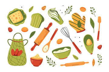 Baking Essentials Delight: A charming collection of baking tools and ingredients, presented in a playful and inviting illustration style, perfect for culinary projects