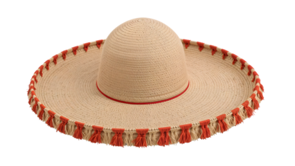 Traditional mexican sombrero with red tassels isolated on the transparent background, wide brim straw hat, authentic cultural headwear