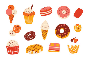 Sweet Temptations: A delightful collection of various sweets, showcasing colorful illustrations that entice the taste buds and evoke a sense of joy.