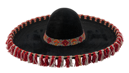 Traditional black mexican sombrero with colorful beaded band and red tassels isolated on the transparent background