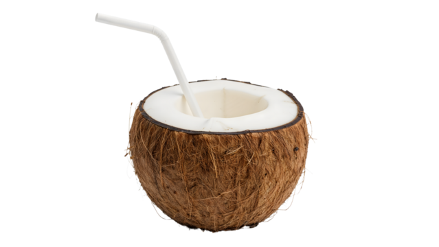 Fresh coconut drink with straw isolated on the transparent background for summer refreshment and tropical wellness concepts