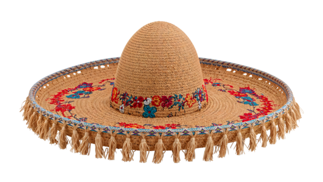Traditional mexican sombrero with colorful embroidered flowers and tassels, isolated on the transparent background