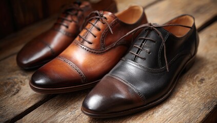 Close-up of two pairs of polished leather dress shoes on a wooden surface
