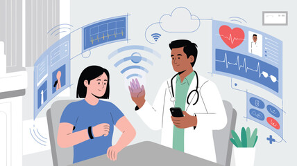 Healthcare Innovation: A doctor and patient engaged in remote health monitoring through advanced technology, epitomizing modern telehealth and personalized care. 
