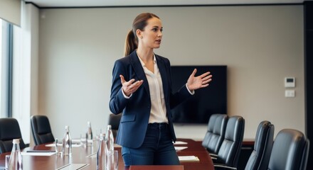 Businesswoman Presenting in Conference Room Gesturing with Hands.