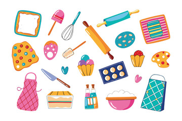 Sweet Treats: A whimsical illustration showcases a collection of baking essentials, evoking a sense of culinary delight, with a vibrant assortment of tools, ingredients, and treats.