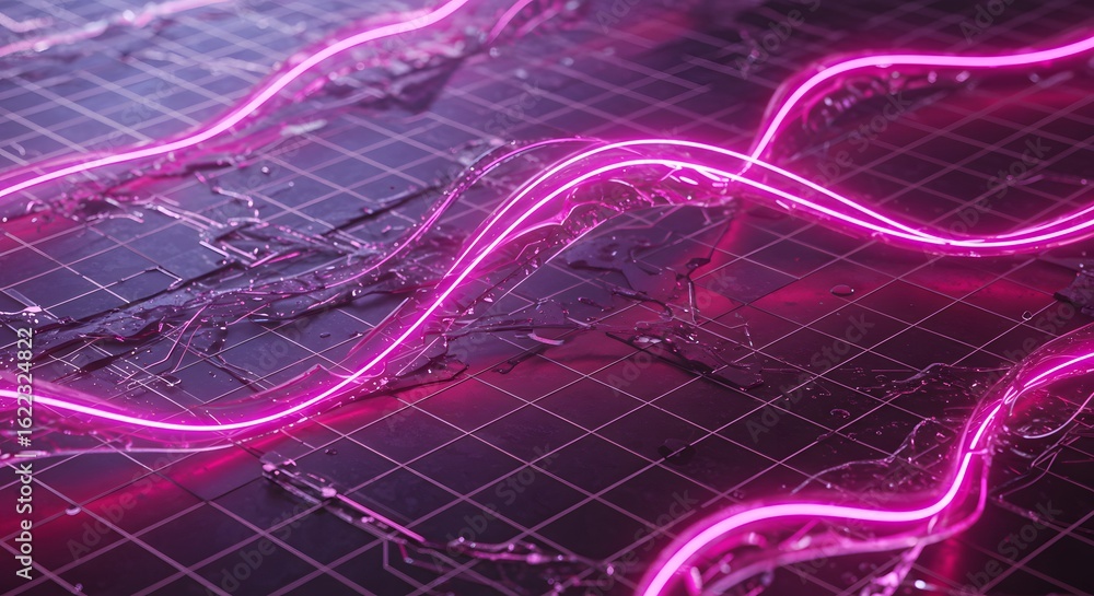 Aufkleber abstract futuristic background with glowing pink lines weaving over a dark, textured surface with a 