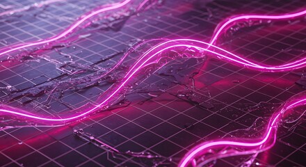 Abstract futuristic background with glowing pink lines weaving over a dark, textured surface with a grid pattern.