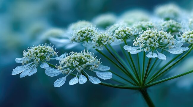 Close-up of delicate white flower umbels against a blurred teal background
