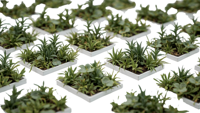 Modern indoor plant arrangements in white trays isolated on the transparent background, greenery decor ideas, minimalist urban gardening, succulent collections