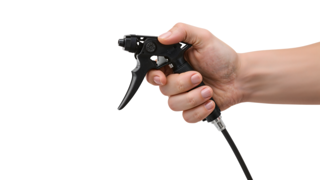 Hand holding black spray nozzle trigger isolated on the transparent background for cleaning gardening and household use