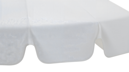 Minimalist white tablecloth with rounded edge on rectangular table isolated on the transparent background, perfect for elegant events and modern dining decor