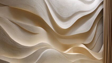Abstract wall panel, featuring soft, flowing, wavy lines in beige and cream colors.  The texture is deeply embossed, creating a three-dimensional effect