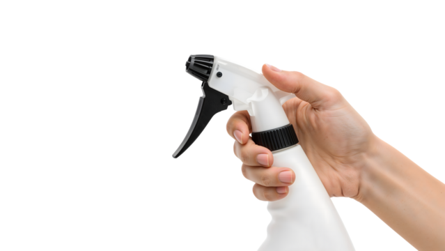 Hand holding white plastic spray bottle for cleaning or disinfecting on isolated white background with black trigger