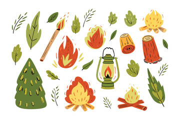 Campfire Essentials: A vibrant illustration set of campfire elements. Featuring a glowing fire, leafy branches, a lantern and match. Celebrating the joy of outdoor adventures.