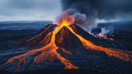 A volcanic eruption, with hot lava flowing down the slope at night.