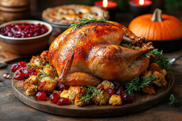 Roasted turkey on platter with cranberry sauce and garnish.