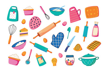 Baking Essentials: A whimsical array of baking essentials laid out against a clean background, including whisks, rolling pins, measuring cups, and various tools for creating sweet treats.