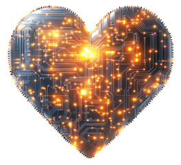 Glowing AI circuit pattern shaped like heart, illuminated with vibrant orange lights, symbolizes fusion of technology and emotion., isolated