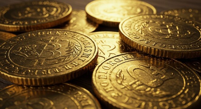 Close-up of Bitcoin Cryptocurrency Gold Coins Financial Investment.