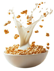 Crunchy cereal pieces splash into bowl of milk, creating dynamic and energetic scene. milk splashes upwards, capturing moment of impact., isolated