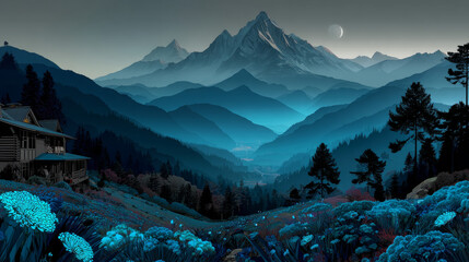 Nature and landscape. Vector illustration of trees, forest, mountains, flowers, plants, houses, fields, farms and villages. Picture for background, card or cover