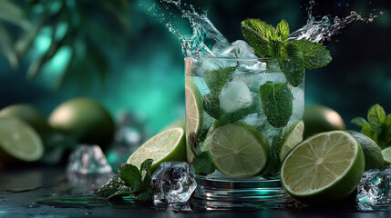 Lime juice splash green background. Mojito drink citrus cocktail illustration