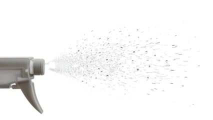 Spray bottle trigger dispersing fine mist of water droplets on the transparent background for cleaning and disinfection concepts