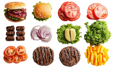 Variety of burger ingredients are displayed including sesame seed buns grilled beef patties fresh lettuce sliced tomatoes red onion rings pickles and cheese slices. arrangement is, isolated
