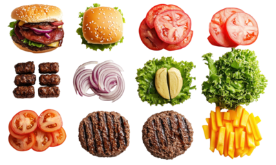 Variety of burger ingredients are displayed including sesame seed buns grilled beef patties fresh lettuce sliced tomatoes red onion rings pickles and cheese slices. arrangement is, isolated
