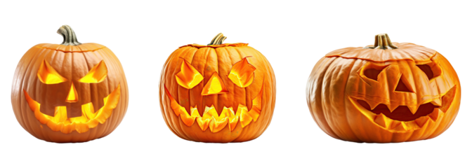 Collection of scary carved pumpkin Jack-O-lanterns with scary faces and warm light for Halloween and fall holiday decorations, isolated on transparent background. PNG